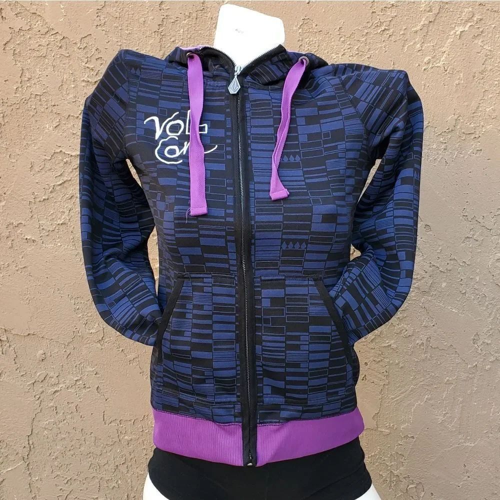 Volcom Black Navy Blue and Purple Hooded Zip-up Lightweight Jacket